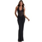 Nuovo stile europeo e americano 2025 Abito lungo da donna elegante con lacci e collo sexy a pieghe a schiena bassa - immagine 5